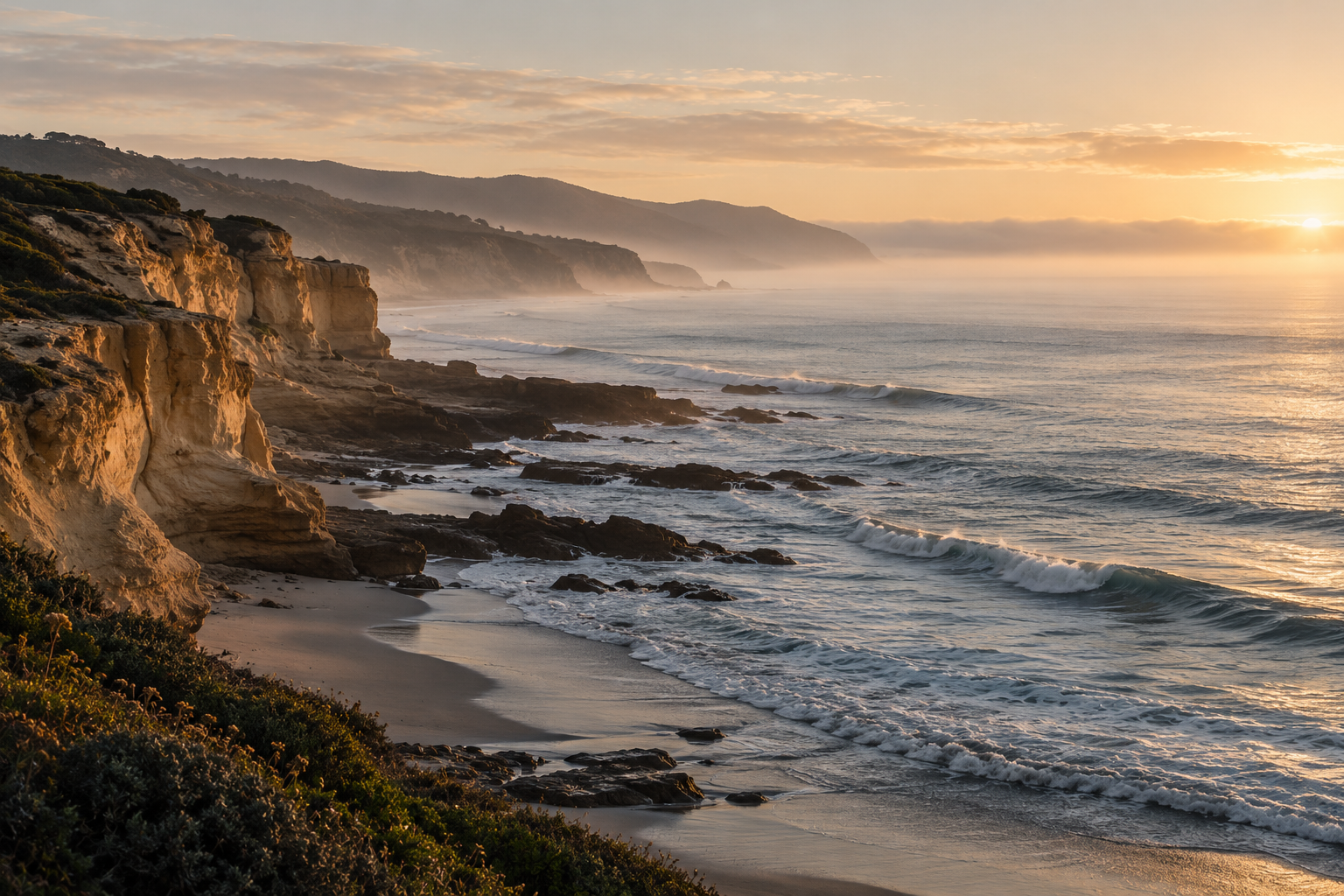 Sunlight along a quiet coastal landscape
