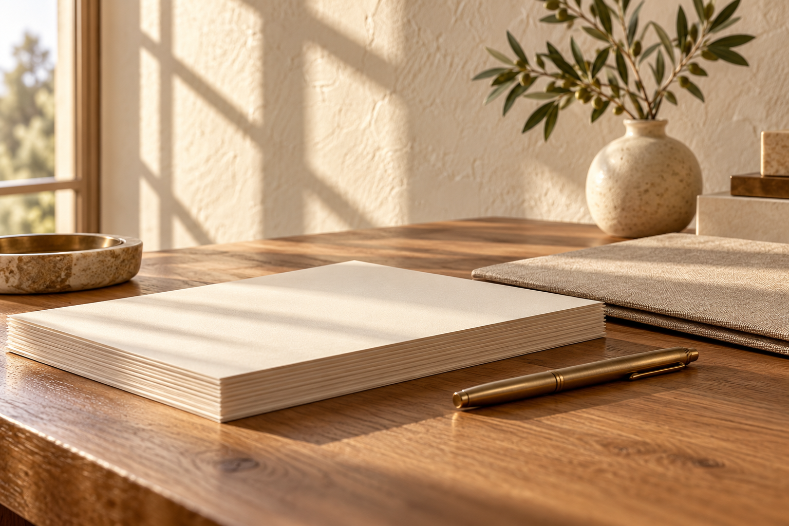 Papers and a pen on a sunlit desk