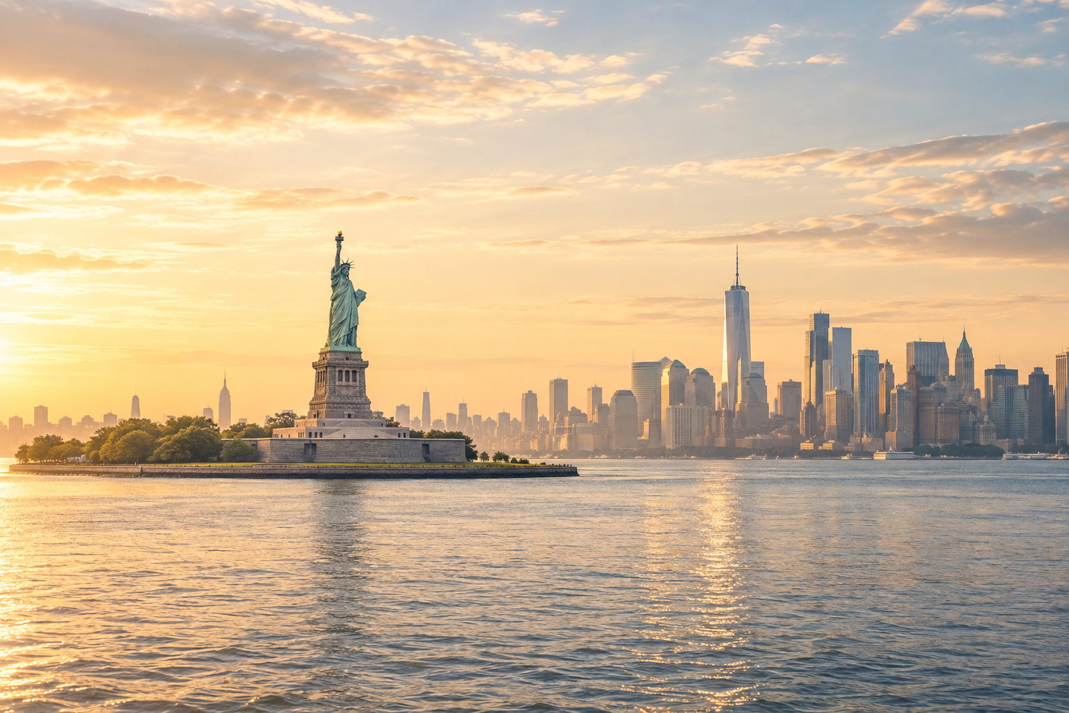 Statue of Liberty and New York Harbor in warm golden light